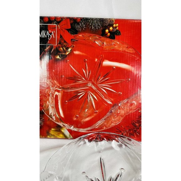 MIKASA 12 inch Divided Server Dish Clear Crystal Thick Glass Christmas Tidings - Picture 5 of 10